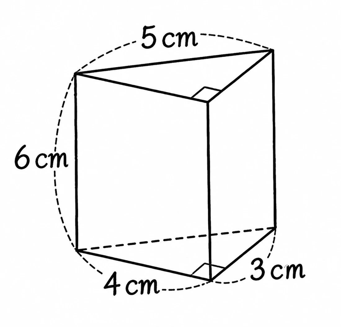 Triangular prism: right-triangle base 3 cm, 4 cm, 5 cm; prism height 6 cm