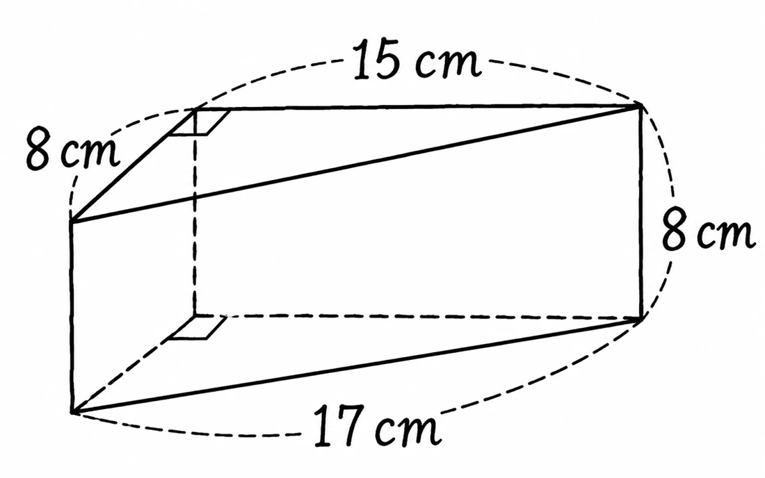 Triangular prism with right-triangle base 8, 15, 17 cm and prism height 8 cm