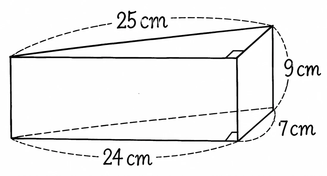 Triangular prism with right-triangle base 7, 24, 25 cm and prism height 9 cm