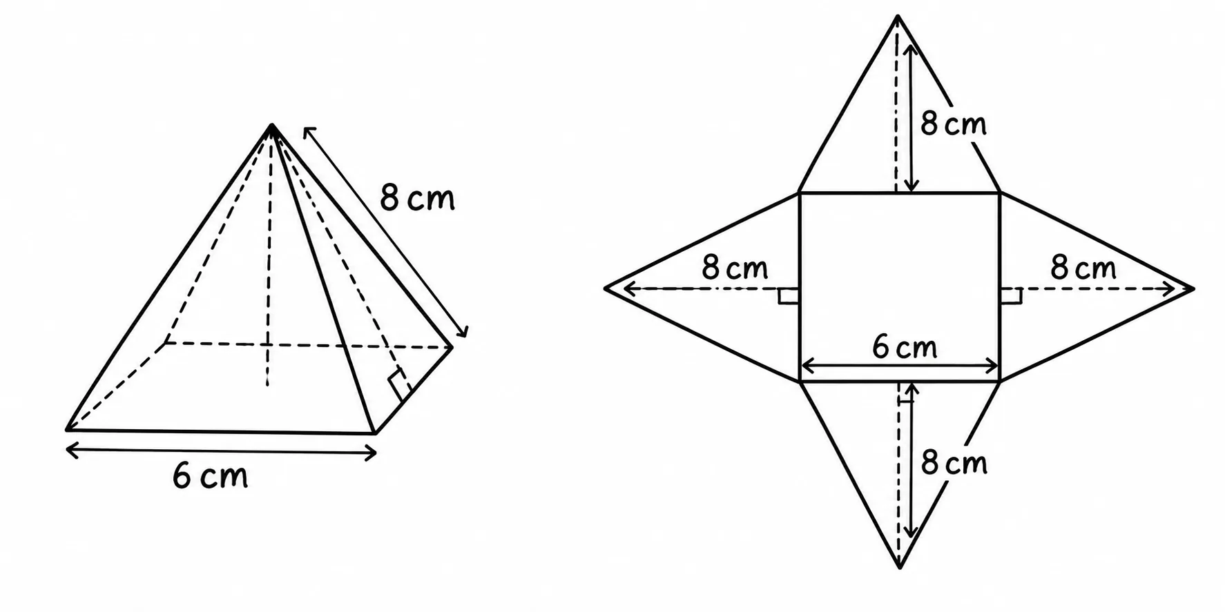 Square pyramid with 6 cm base and 8 cm face height, with net