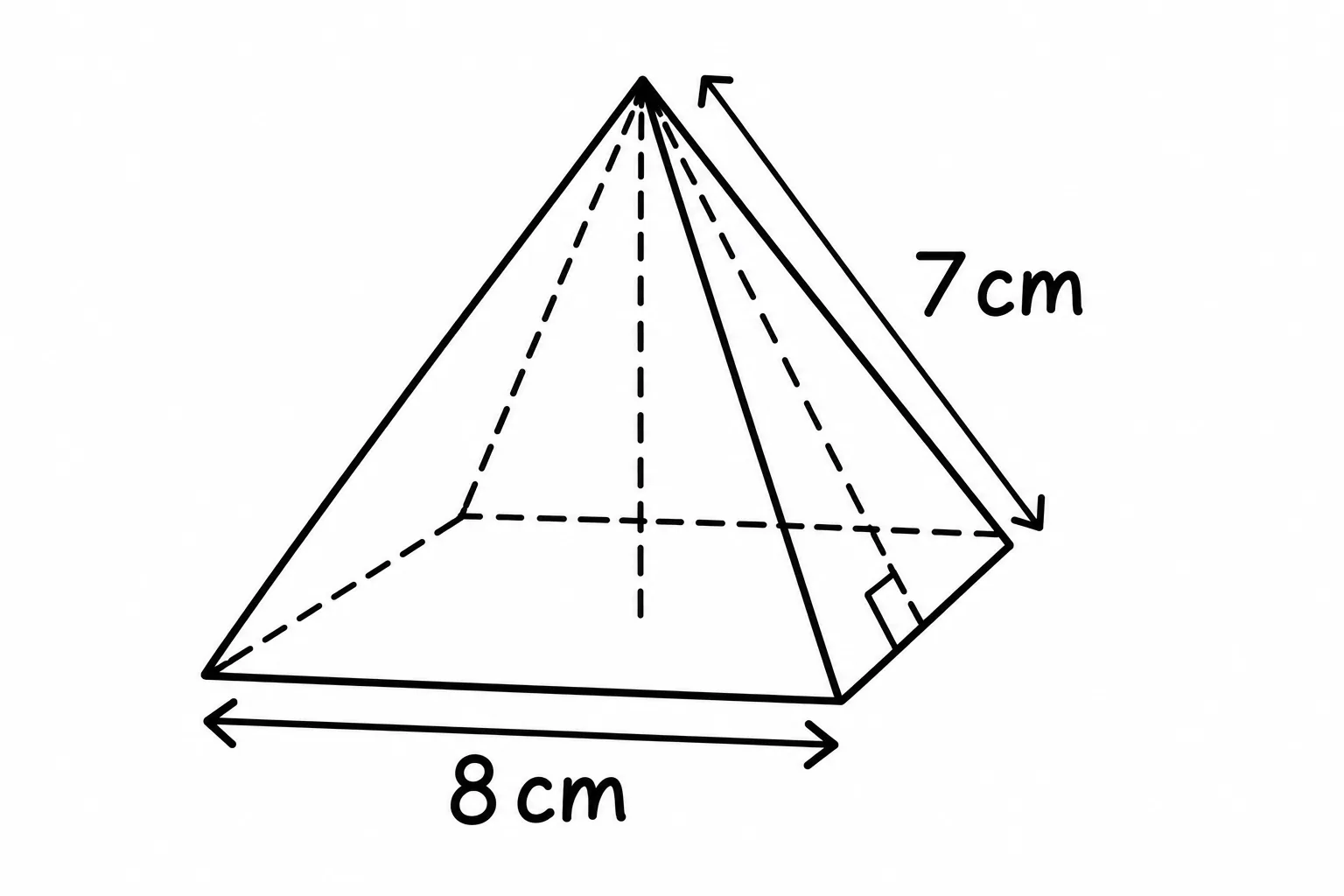 Square pyramid: base side 8 cm, face height 7 cm
