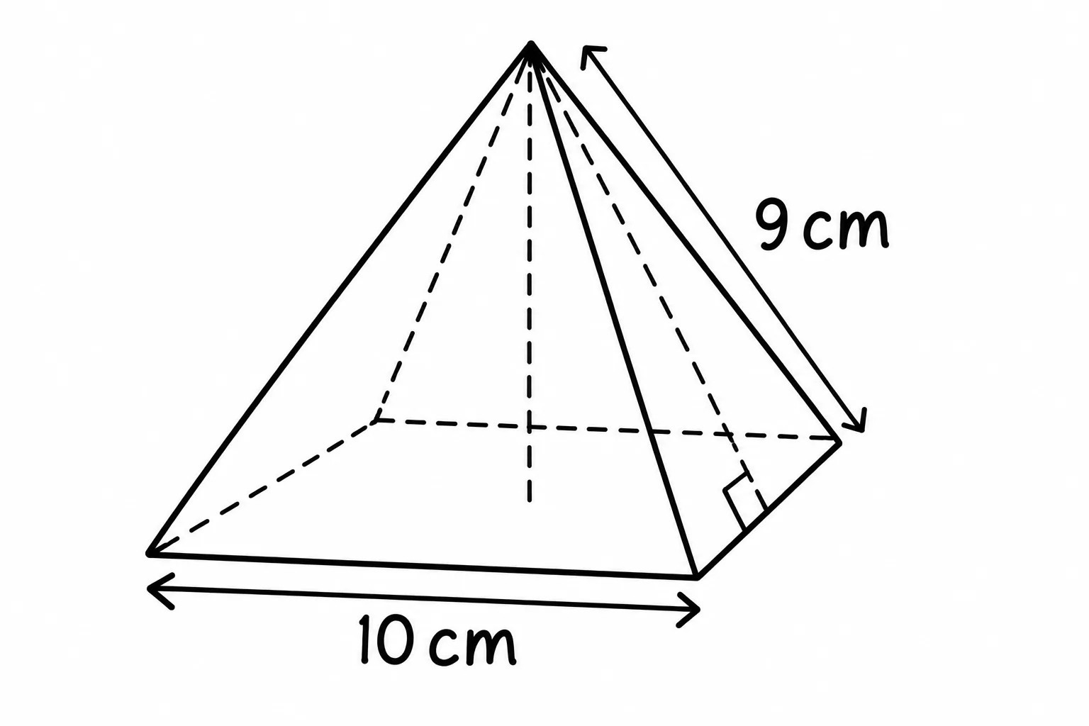 Square pyramid: base side 10 cm, face height 9 cm