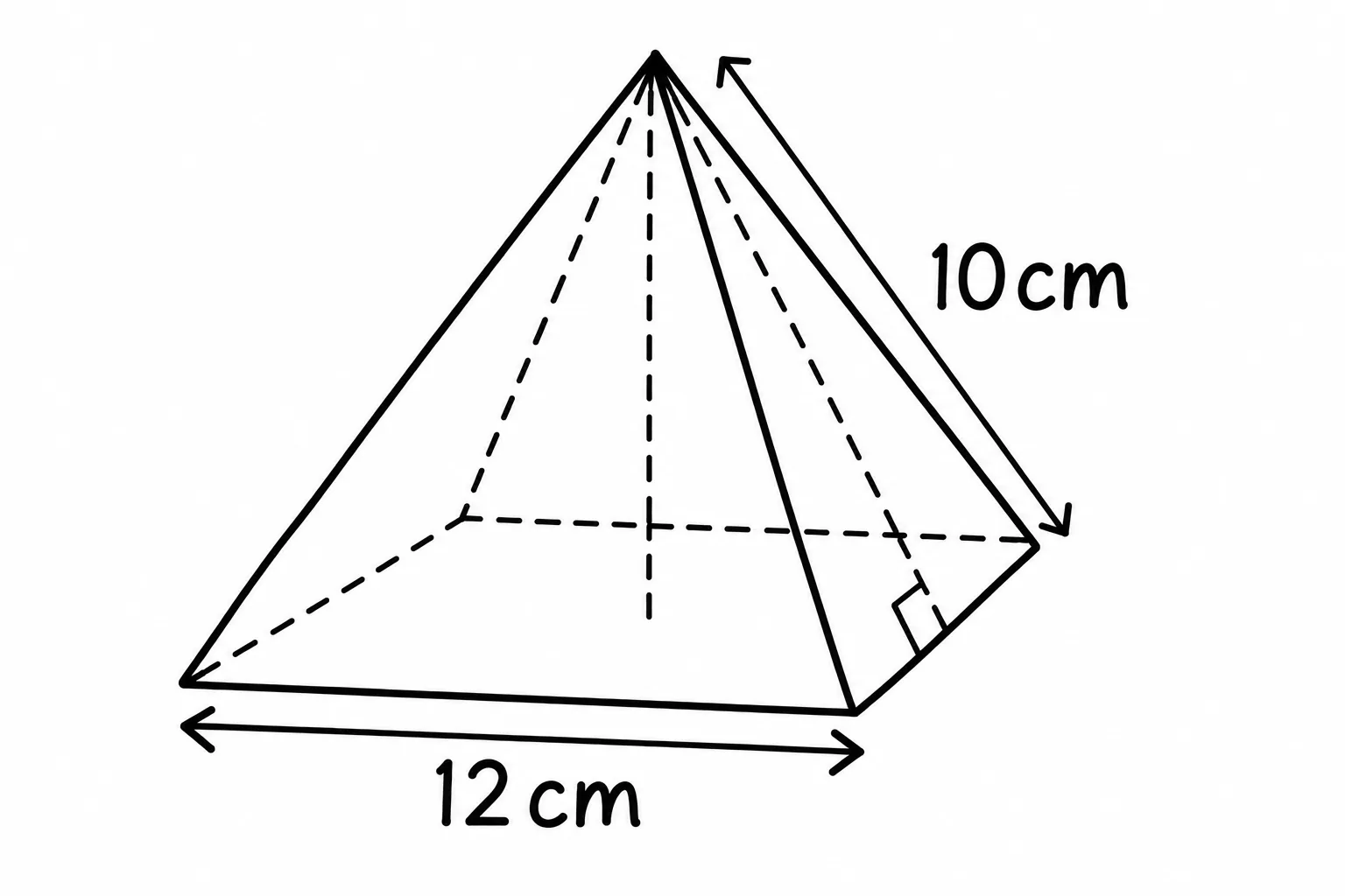 Square pyramid: base side 12 cm, face height 10 cm